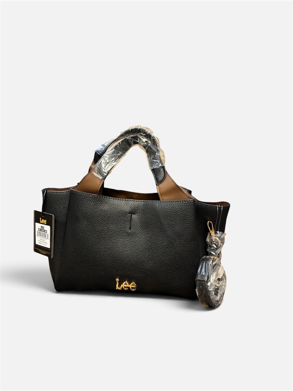 Lee Black Tote with Tan Handles and Gold Logo